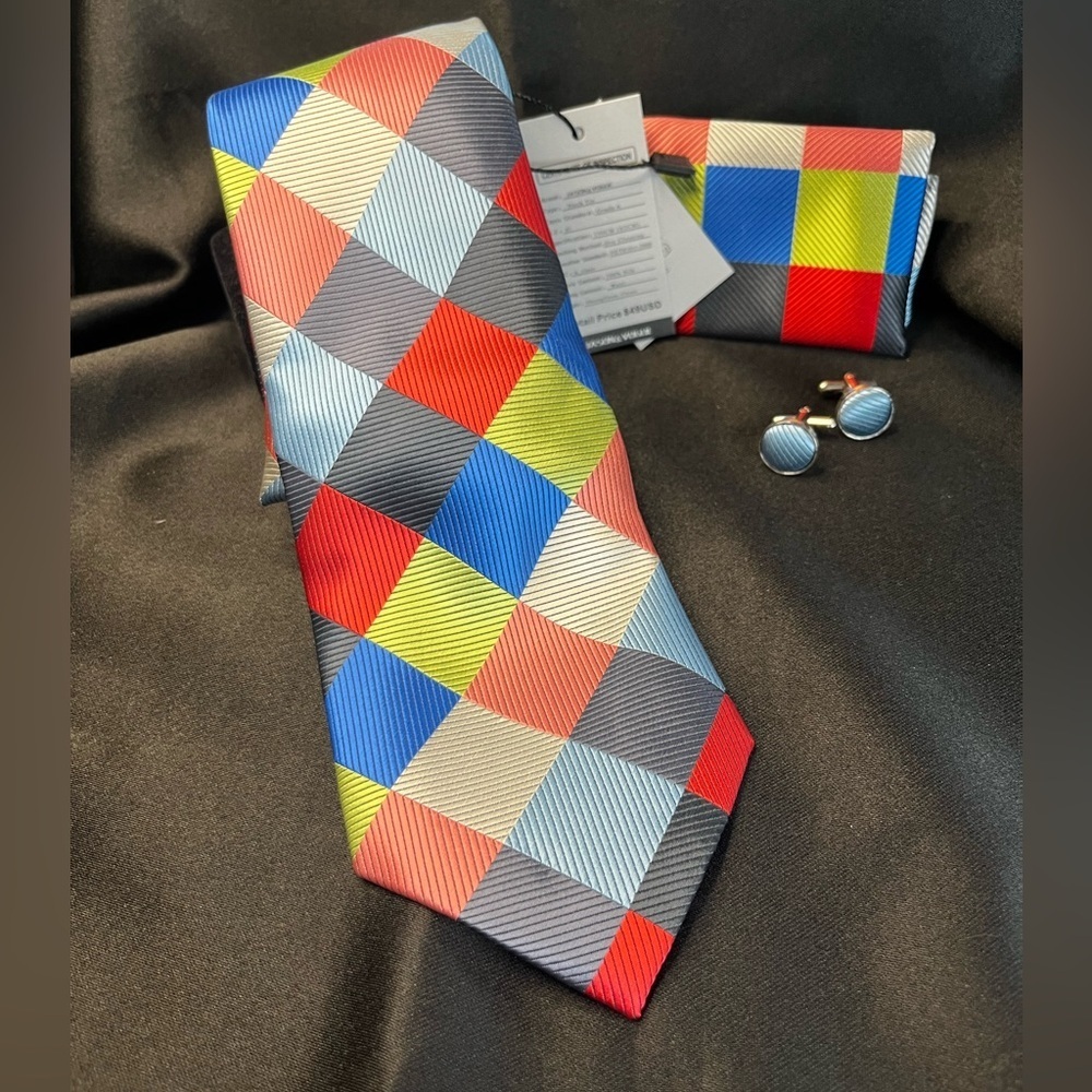 NWT- Multicolor Checker Silk Tie and Pocket Square Set